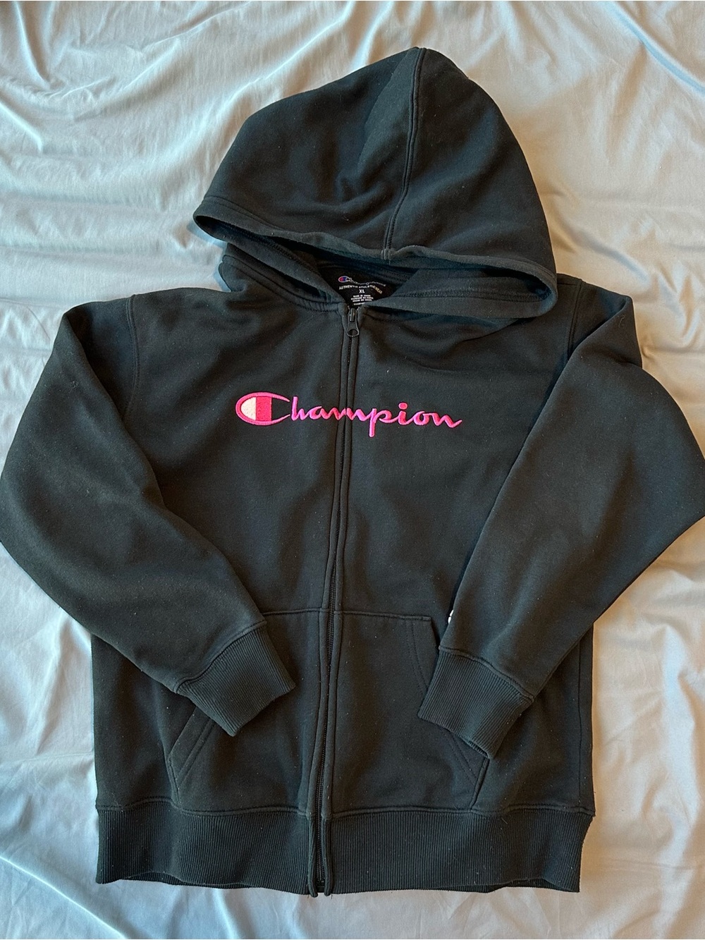 Champion Black Zip Hoodie with Pink Embroidered Logo